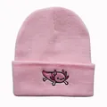 Pink knit beanie with cartoon axolotl embroidery on the front fold for outdoor wear - Adjustable / Pink
