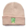 Rosa Strickmütze mit niedlicher grüner Cartoon-Frosch-Stickerei im minimalistischen Stil - Verstellbar / Pfirsichrosa