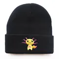 Gorro de punto negro con bordado de Axolotl amarillo en el borde doblado - Ajustable / Negro