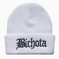 White knit beanie with black Bichota embroidery in Gothic font for winter street style - Adjustable / White