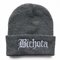 Dark grey knit beanie with white Bichota embroidery and classic wide folded cuff design - Adjustable / Gray