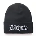 Black cuffed beanie with white Bichota gothic embroidery on high-quality knit texture - Adjustable / Black