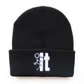 Schwarze Strickmütze für Damen und Herren mit weißem IT-Stick und Umschlag-Design - Schwarz