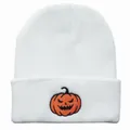 Weiße Strickmütze mit Halloween-Kürbis-Stickerei für Herren und Damen - Verstellbar / Weiß