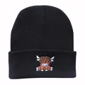 Black knit beanie with embroidered Highland Cow, cozy ribbed winter hat for men and women - Adjustable / Black