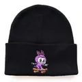 Winter black knit beanie featuring a colorful cartoon rabbit embroidery on the cuff - Black Skateboard
