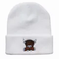 White knit beanie with embroidered cartoon Highland cow design for autumn and winter wear - Adjustable / White