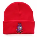 Red knit beanie hat featuring street style cartoon rabbit embroidery for winter warmth - Red Skateboard