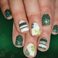 St. Patrick's Day press-on nails with green glitter, stripes and lucky clover designs - St. Patrick's Shamrock Stripe Glitter Green (YS556)