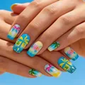 Colorful tropical press-on nails featuring hand-painted coconut trees and vibrant flowers - Tropical Coconut & Flower Style (YS641)