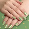 Glossy avocado green press-on nails with golden metal heart charms, 24 piece nail set - Avocado Green With Gold Heart (YS524)