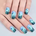 Short square press-on nails with blue-green gradient and sea life silhouette designs - Ocean Gradient Style (YS033)