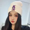 White knit beanie with purple cartoon rabbit embroidery for autumn and winter warmth - White Skateboard