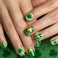 Short square St. Patrick's Day press-on nails with green clover and gold glitter patterns - St. Patrick's Day Shamrock Style (YS827)