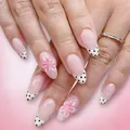 Pink French almond nails with black dots and 3D floral accents, 24 pieces set - Pink French 3D Embossed Flower Polka Dot Style (YS829)