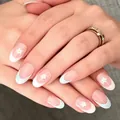 French almond press-on nails with white floral patterns and glossy pink finish - Blue And White French Daisy Style (YS1107)