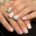 Elegant tulip press-on nails in cream white and silver for a soft springtime look - Hand-Painted Tulip Style (YS844)