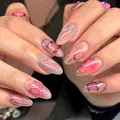 Unghie finte a mandorla rosa con linee cromate 3D e stelle glitterate - Set Completo / Motivo a Cuore Sfumato Rosa (YS845 Senza Attrezzi)