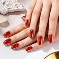 Unghie finte corte ovali arancione aurora con finitura metallizzata lucida a specchio - Stile Specchio Rosso Arancio Iridescente (YS2622-12)