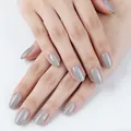 Short oval silver grey cat eye press-on nails with a glossy translucent finish - 32 Pieces/Pack / Silver Gray Cat Eye (YS2622-24)