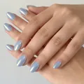 Short oval light blue chrome press-on nails with elegant pearlescent finish - 32 Pieces/Pack / Magic Purple Blue (YS2622-8)