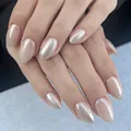 Short almond press-on nails in nude pink with a pearlescent chrome finish for women - 32 Pieces/Pack / Aurora Silver White (YS2622-3)