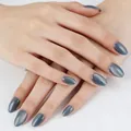 Short almond cat-eye press-on nails in dusty blue with shimmering magnetic finish - 32 Pieces/Pack / Gray Cat Eye (YS2622-23)