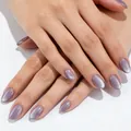 Short round lilac cat-eye press-on nails with shimmering magnetic effect on hands - 32 Pieces/Pack / Light Purple Cat Eye (YS2622-22)