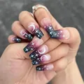 Star and moon pattern gradient false nails in long ballerina shape with pink purple finish - Ys064 (no Tools)