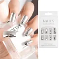 Detailed view of silver mirror finish press-on nails with square tips and packaging - Silver