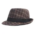 Detail of brown plaid fedora hat with black decorative band and textured fabric weave - M / Coffee