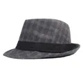 Close-up of vintage grey plaid fedora fabric texture with wide black decorative band - M / Gray