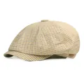 Klassische hellbraun karierte Schiebermütze mit Lederbesatz und Vintage-Muster für Herren - M (56-58cm) / Khaki