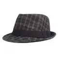Close-up of gray plaid fedora hat with black band detail and refined stitching - M / Black