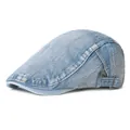 Detail of washed denim beret featuring vintage distressed finish and adjustable metal buckle - Adjustable / Medium Blue