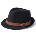 Chapeau fedora noir pour homme en feutre avec ruban en cuir brun et boucle métallique - Taille unique / Noir
