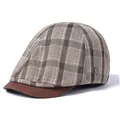 Detalle de gorra plana retro a cuadros con visera marrón y hebilla metálica decorativa - Ajustable / café