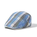 Detailed view of the blue and grey plaid pattern and woven texture on a vintage flat cap - Adjustable / Blue