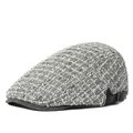 Béret classique en tweed gris de style britannique avec lanière en cuir et boucle en bronze - Réglable / Gris