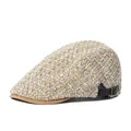 Béret en tweed de style britannique avec bord en cuir et boucle réglable - Réglable / Kaki