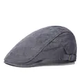 Detail of dark grey corduroy flat cap featuring a retro bronze adjustable metal buckle - Adjustable / Navy Blue