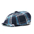 Classic blue plaid newsboy cap with premium textured fabric and curved brim - One Size / Blue