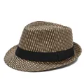Classic straw fedora hat with brown woven pattern and black ribbon band for sun protection - One Size(58cm) / Khaki