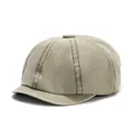 Vintage washed khaki cotton newsboy cap with short brim and six-panel octagonal design - One Size / Army Green