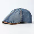 Vintage blue denim beret with brown leather brim and contrast stitching details - Adjustable / Medium Blue