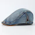 Vintage blauwe denim baret met contraststiksel en lederen rand voor heren en dames - Verstelbaar / Middelblauw