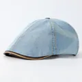 Light blue denim beret cap with yellow stitching and brown leather-trimmed brim - Adjustable / Light Blue