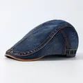 Vintage marine denim baret met oranje stiksels en bruin lederen klep detail - Verstelbaar / Donkerblauw