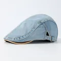 Klassieke lichtblauwe gewassen denim flat cap met vintage stiksels en gesp - Verstelbaar / Lichtblauw