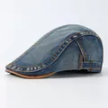 Gewassen blauwe denim baret pet met bruine lederen rand en verstelbare metalen gesp - Verstelbaar / Grijsblauw